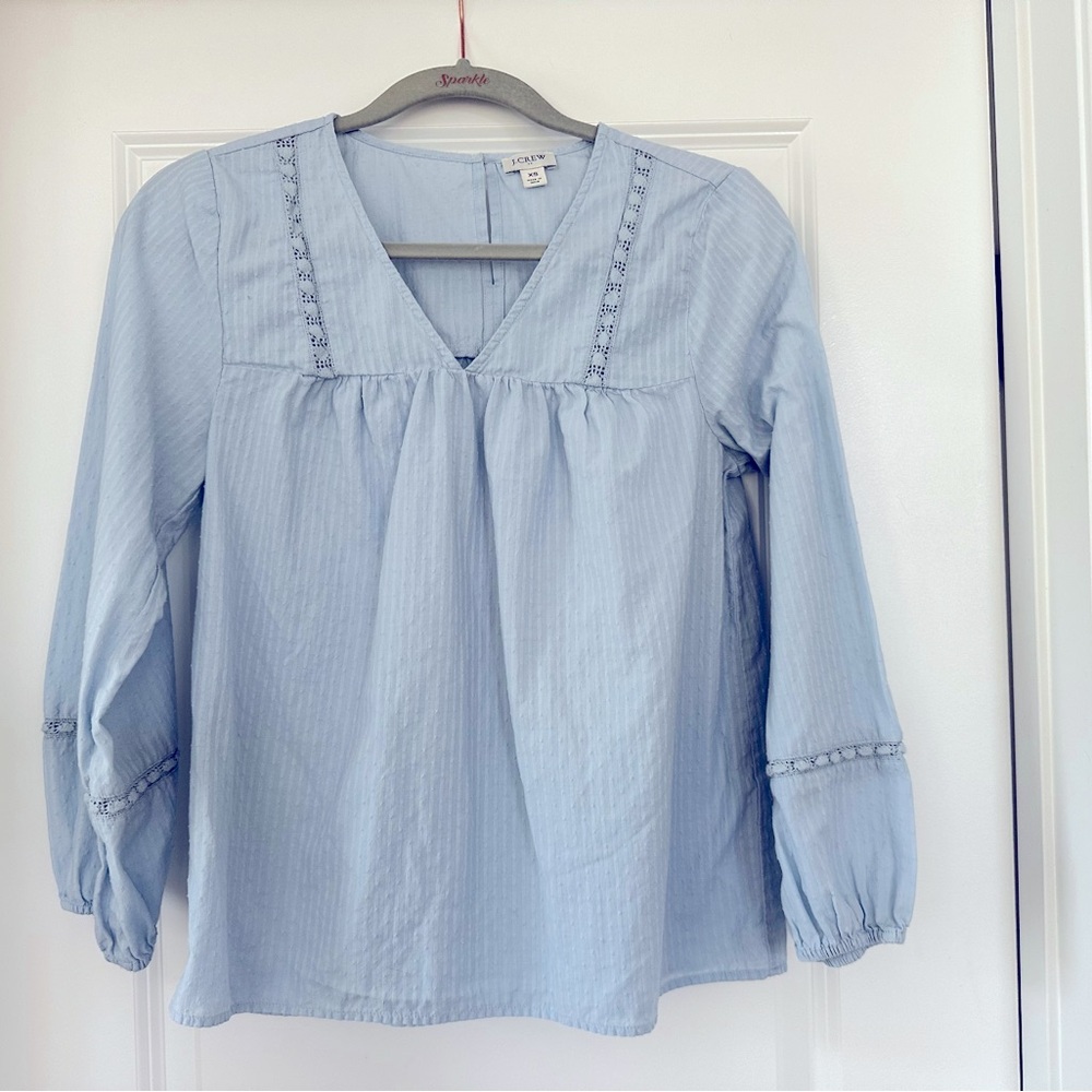 Women’s J. Crew Blouse XS Light Powder Blue Clip Dot Lace V-Neck